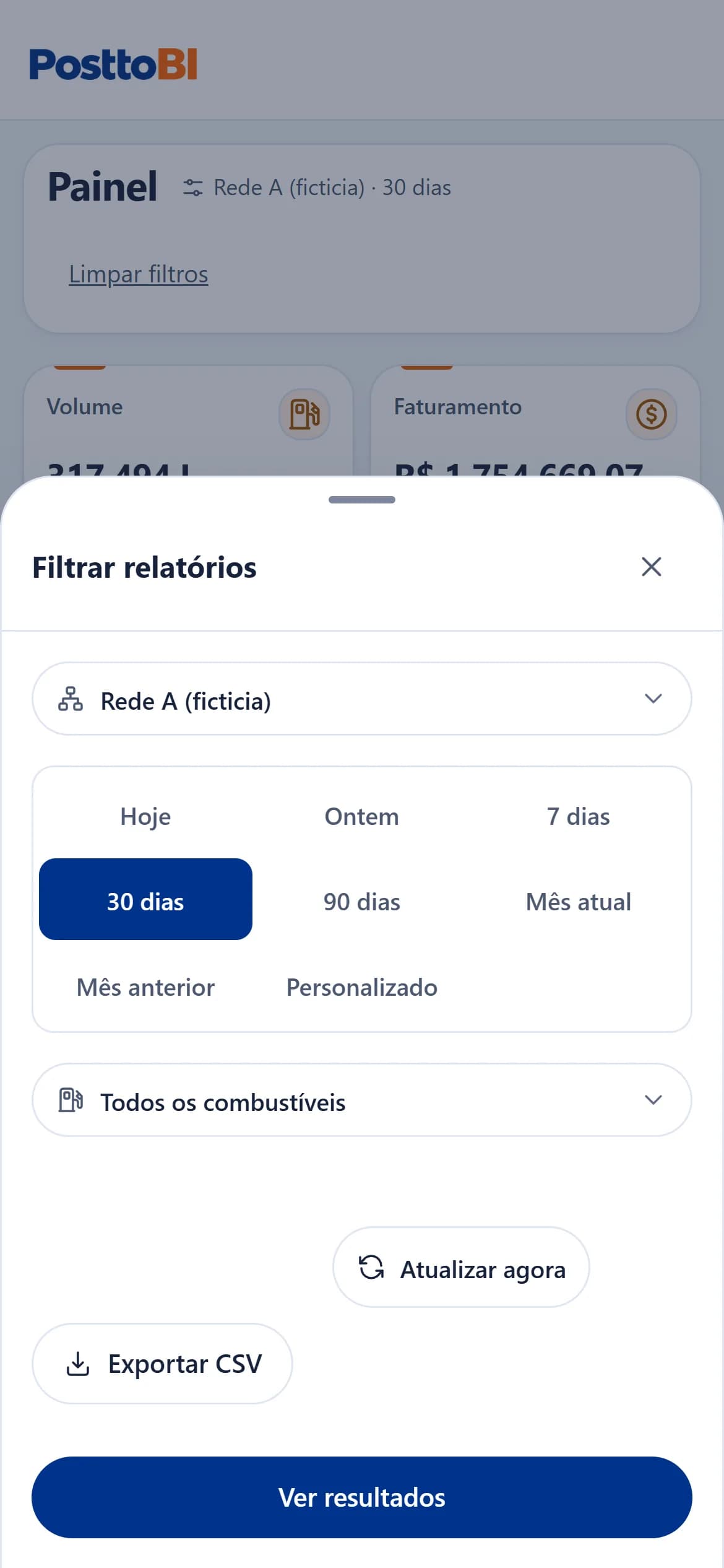 Gaveta de filtros aberta no celular, com rede, período e combustíveis
